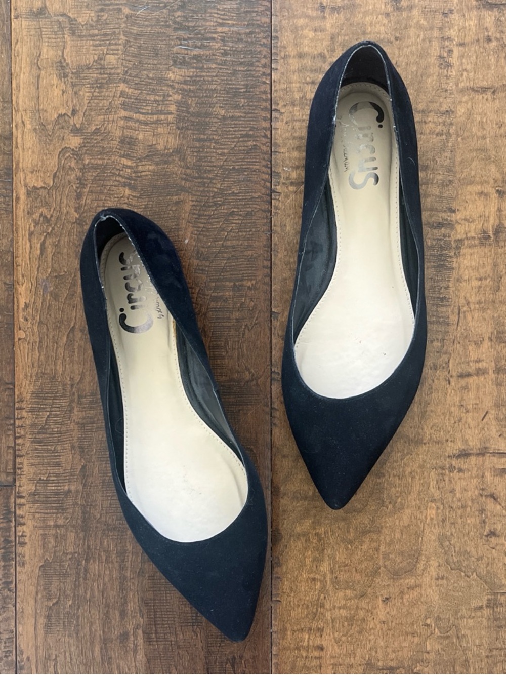 Circus by Sam Edelman black suede pointed toe flats with silver heels, sz 9.5